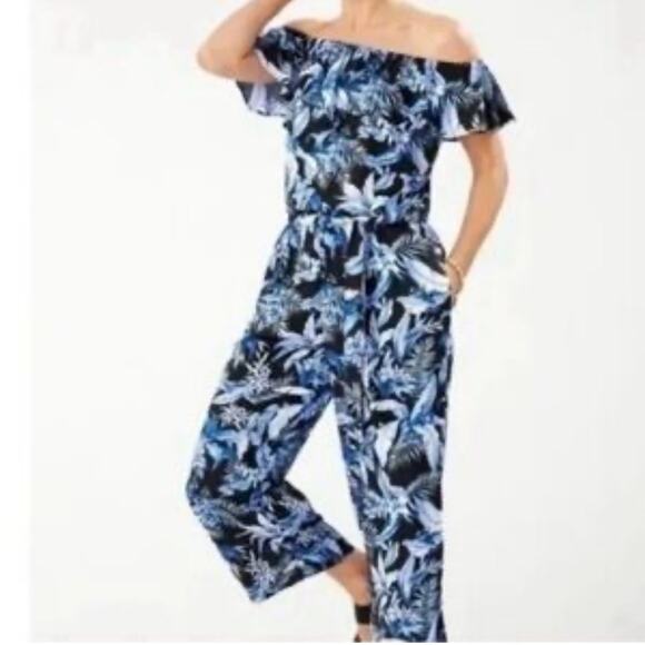 Tommy Bahama Off the Shoulder Blue Tropical Jumpsuit - Picture 4 of 9